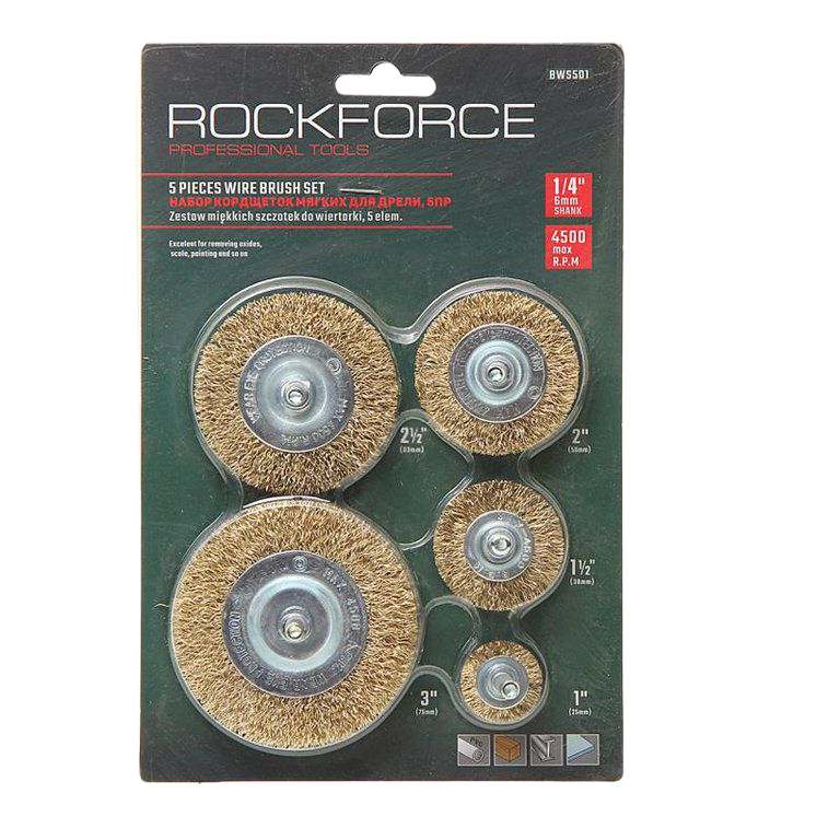 RF-BWS501 ROCKFORCE Набор кордщеток дисковых латунных для дрели, 5 предметов (25,38,50,63,75мм),в блистере